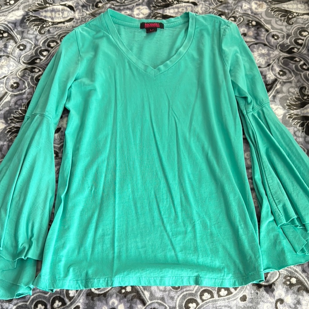 Rock & Roll Cowgirl Teal Long Sleeve Relaxed Blouse